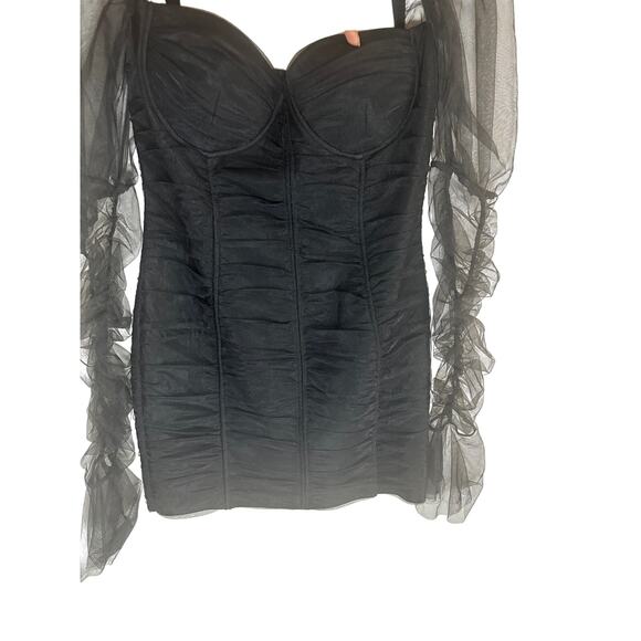 Donnée Par Dieu Women's Sheer Sleeve Ruched Mini Dress Black Elegant Partywear M - Picture 3 of 16